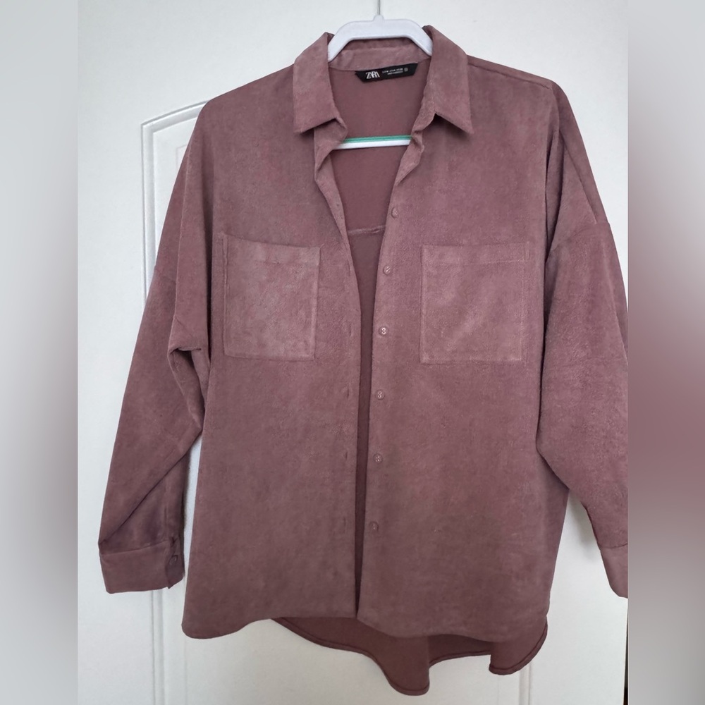 ZARA Women’s Dusty Rose Oversized ribbed corduroy button up shirt, Size M